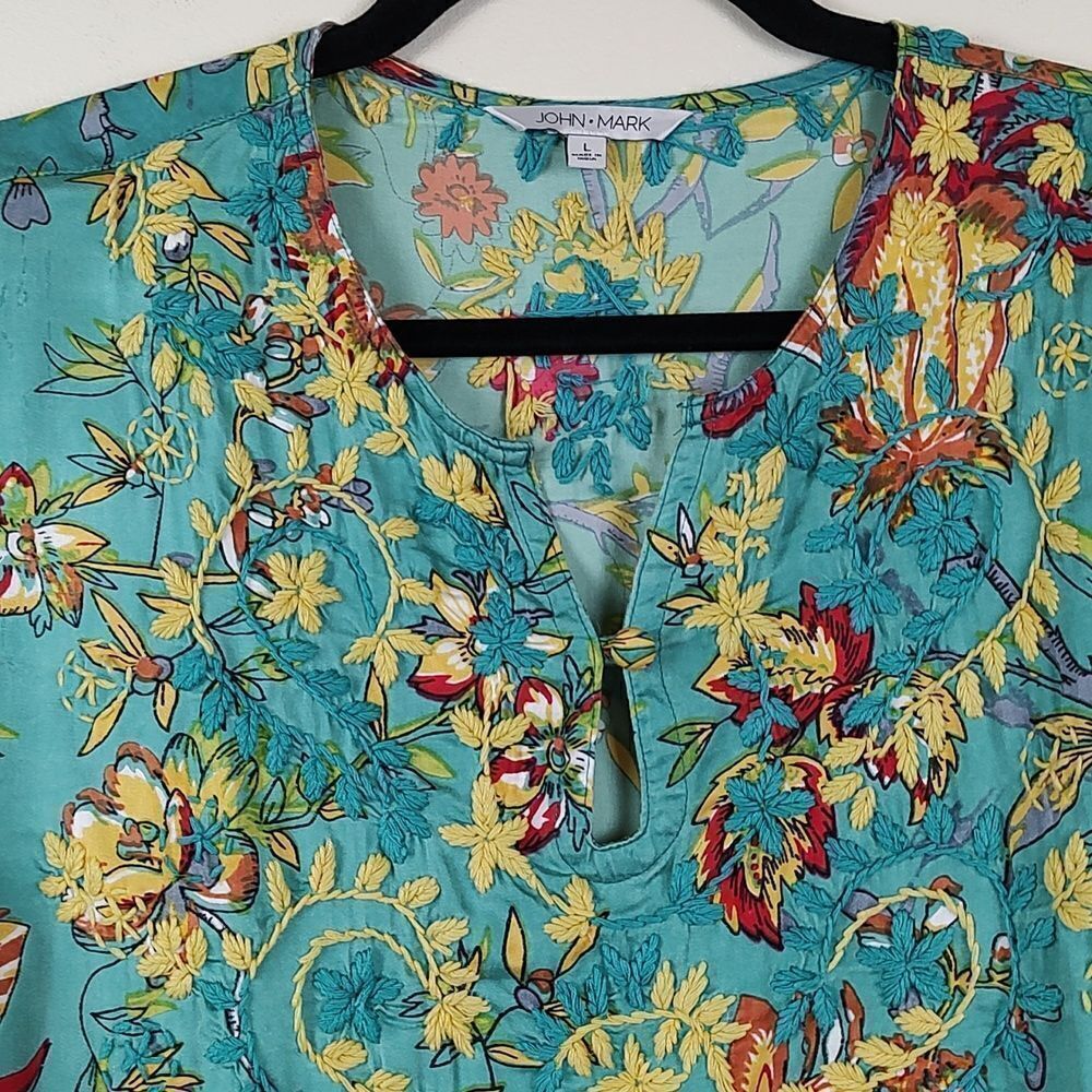 John Mark Turquoise Floral Embroidered Tunic Blouse - Picture 5 of 14